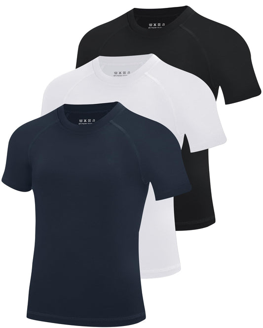 Blueleaf 3 Pack Boys Compression Shirt Short Sleeve Youth Basketball Football Undershirt Kids Quick Dry Athletic Base Layer T-Shirt Black+White+Navy Blue L