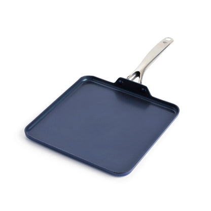 Blue Diamond 11" Nonstick Square Griddle Pan, Non Toxic PFAS-Free Diamond Ceramic, Dishwasher & Oven Safe, Even Heating, Metal Utensil Safe, Warp Control, Blue
