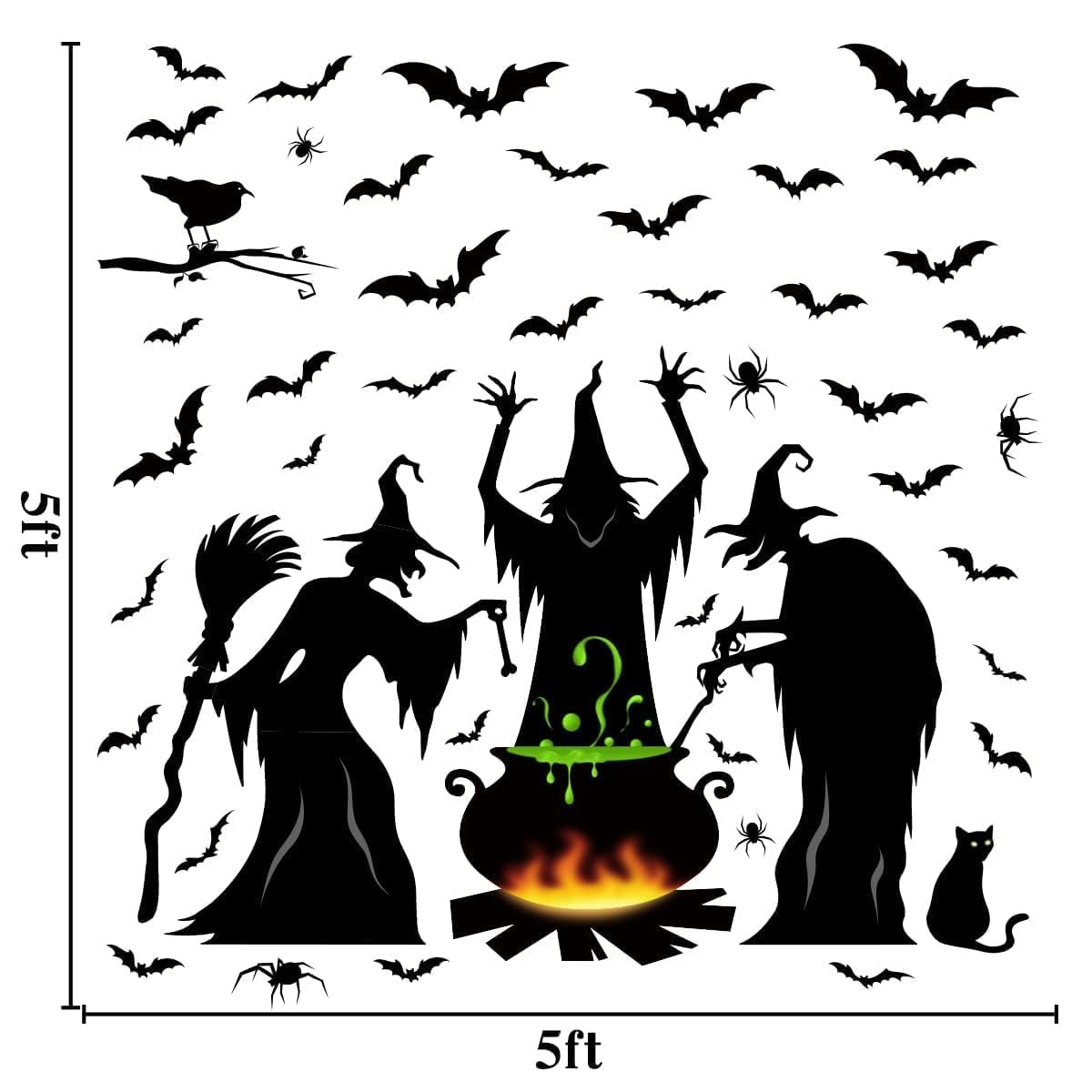 Bunny Chorus Halloween Decorations Window Clings Decor, Extra Large 3 Witches with Black Cat Bat Spider Cauldron Silhouette Halloween Window Stickers Indoor, School Home Office Party Supplies 4 Sheets
