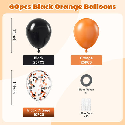 60pcs Orange and Black Halloween Balloons, 12inch Black Orange Latex Confetti Balloons for Ghost Halloween Birthday Party Decorations