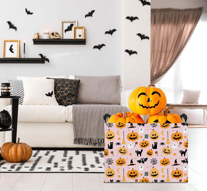 HKEC Rectangle Storage Basket with Handles,Collapsible Storage Bin,Books Box,Gift Basket(Halloween Cat Basket)