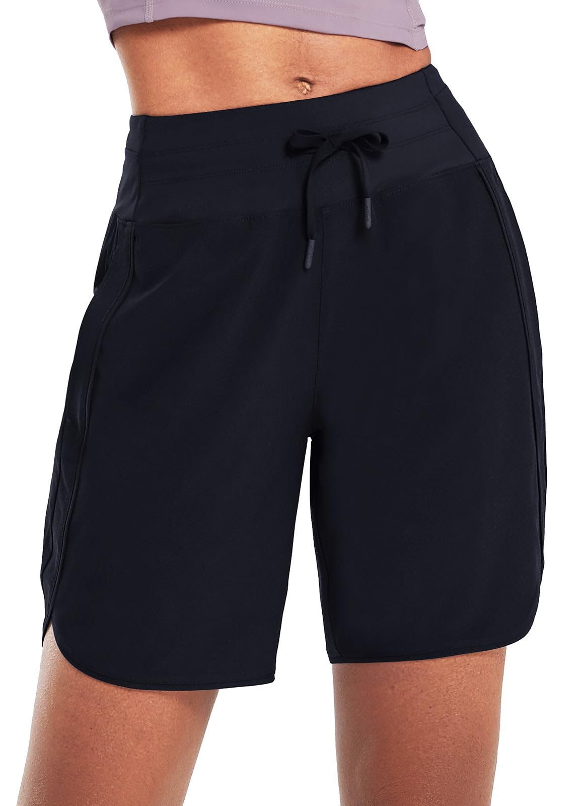 baleaf Women's 7" Long Running Shorts Athletic Workout Gym Quick Dry Hiking Shorts High Waisted Zipper Pocket Black L