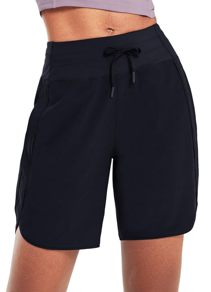baleaf Women's 7" Long Running Shorts Athletic Workout Gym Quick Dry Hiking Shorts High Waisted Zipper Pocket Black L