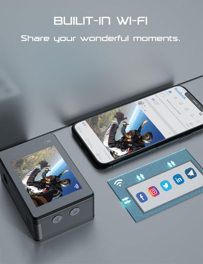 Action Cameras 4K 40M Waterproof Underwater Camera for Snorkeling, EIS Camcorder WiFi 170 Wide Angle Dual Screen Vlog Camera Sports Body Cam Mini(Charger, Remote Control and Helmet Accessories)