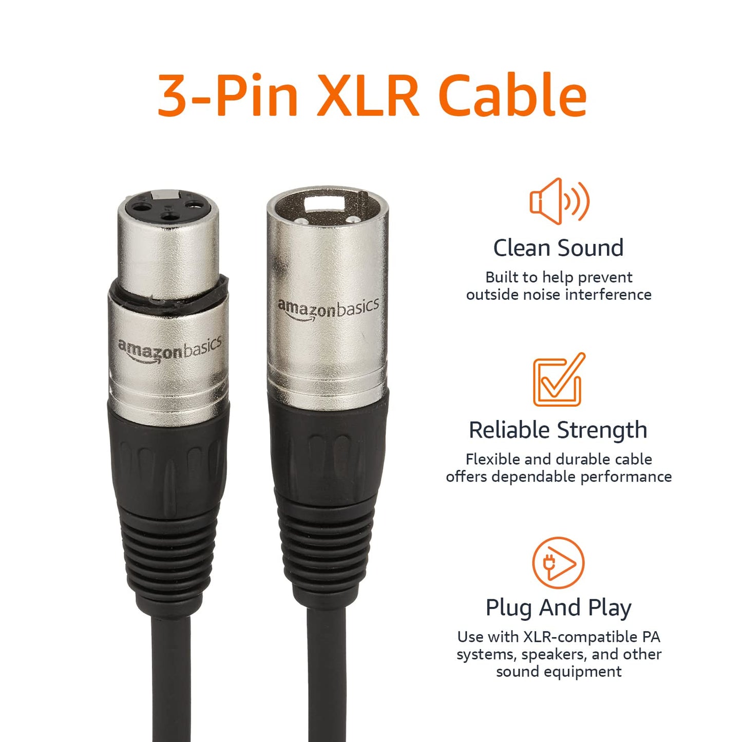 Amazon Basics XLR Male to Female Microphone Cable for Speaker or PA System, All Copper Conductors, 6MM PVC Jacket, 6 Foot, Black