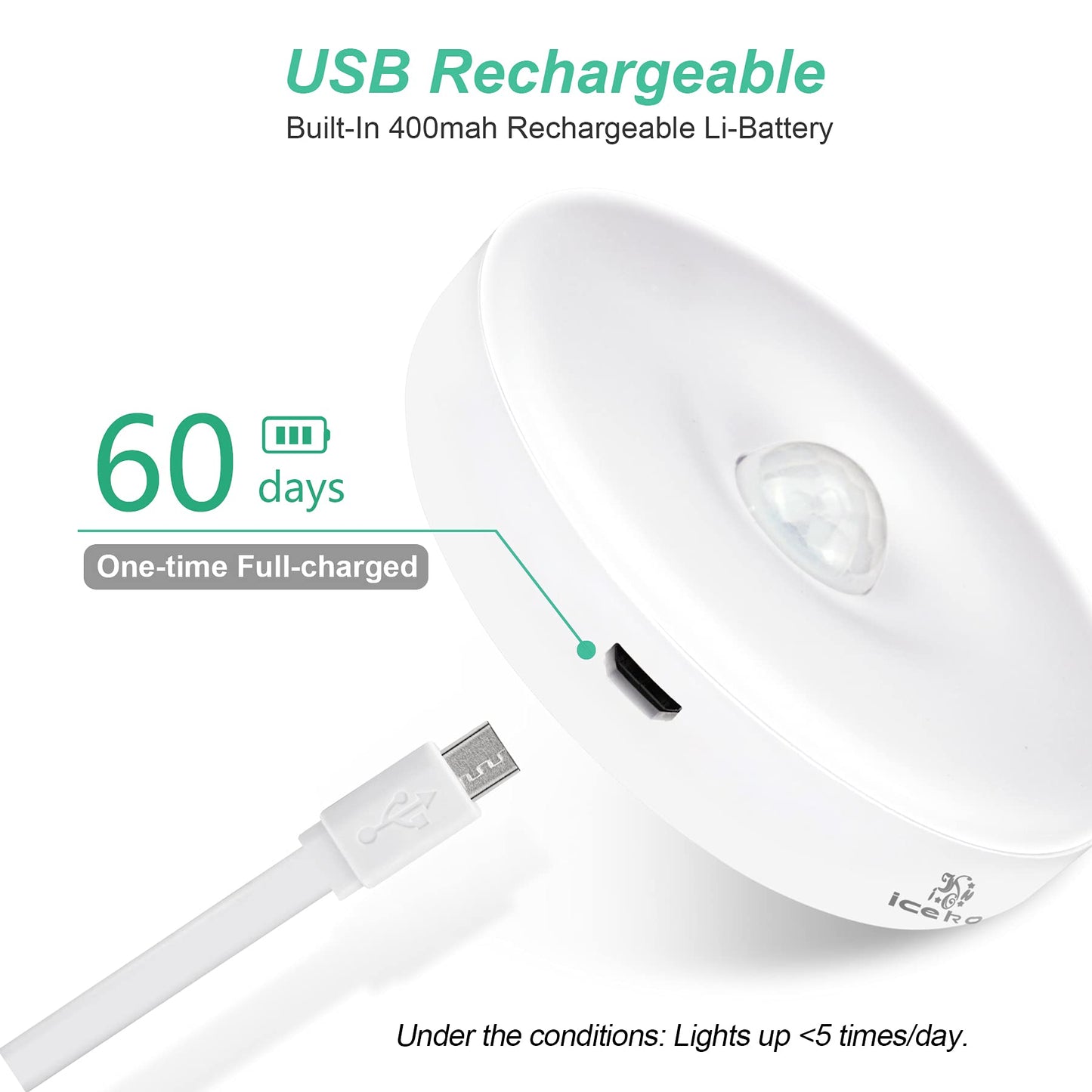 ICEKO Night Light with Motion Sensor, Lamp with Motion Sensor Indoor, USB Battery Rechargeable, 6 LED Motion Sensor for Cabinet, Hallway, Bedroom, Children's Room (White, 3 Pieces)