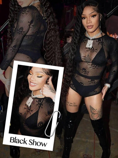 Buitifo Womens Lingerie Set Fishnet Babydoll Bodysuit Sexy Nightwear Skull Halloween Costume (Black,One Size)