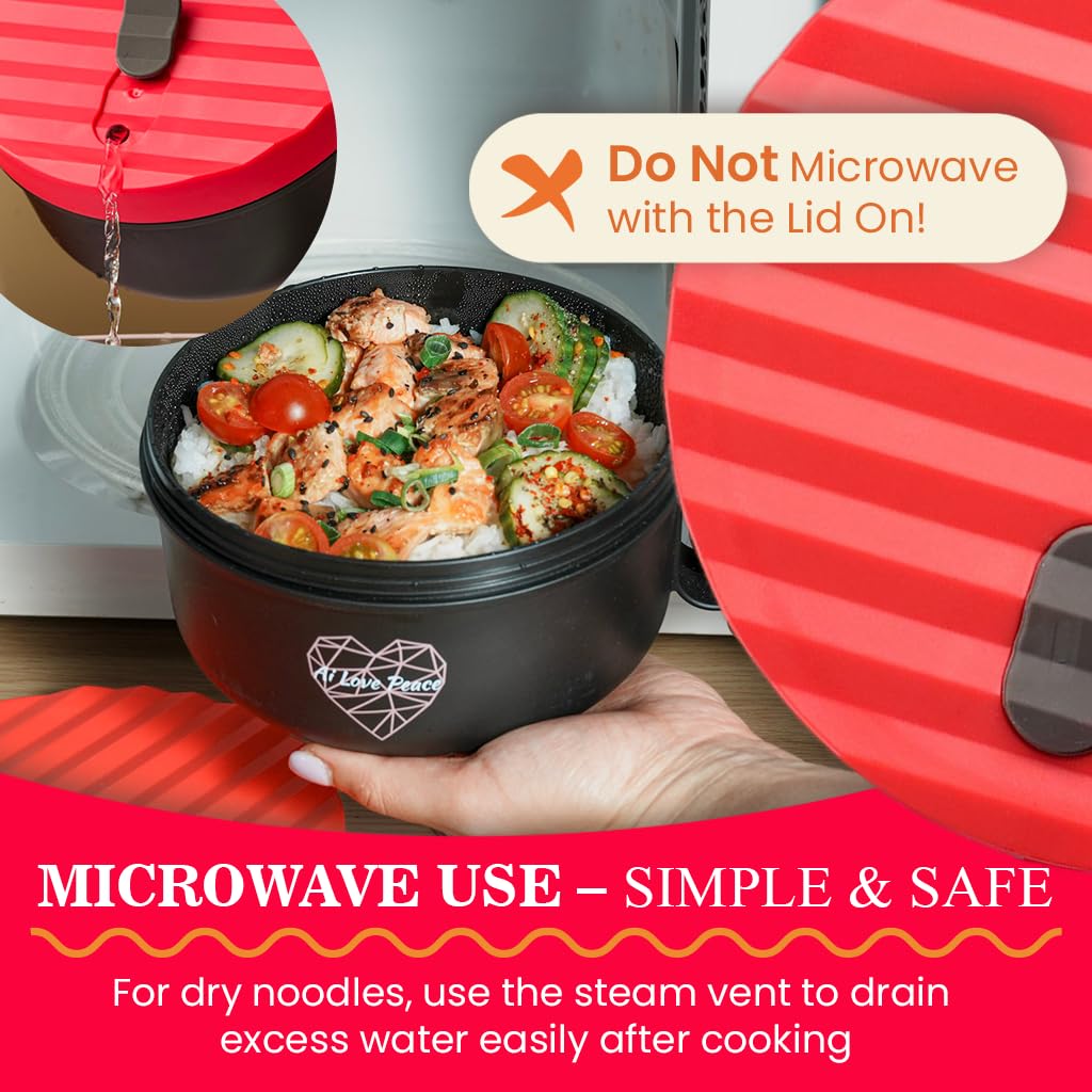 AI LOVE PEACE Ramen Bowl, 40 oz Microwaveable Noodle Cooker for Ramen, Pho, Soup, and Pasta, Dishwasher Safe and Portable, Ideal for Home, Office, Dorm, or Gift (Red)