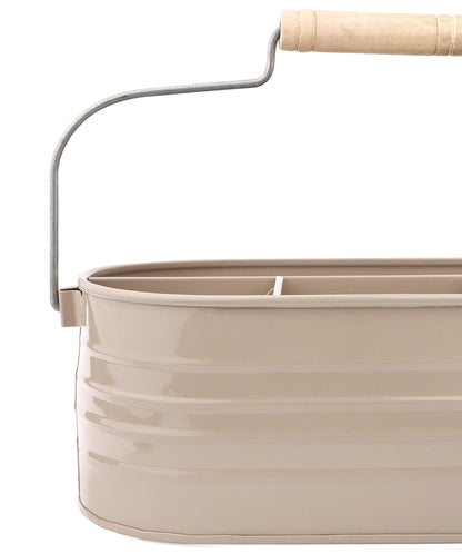 Alpha Living Home Multi-Functional Utensil Caddy – 4-Compartment Organizer for Kitchen, Party & Office – Durable Beige Powder-Coated Iron Alloy with Wooden Handle