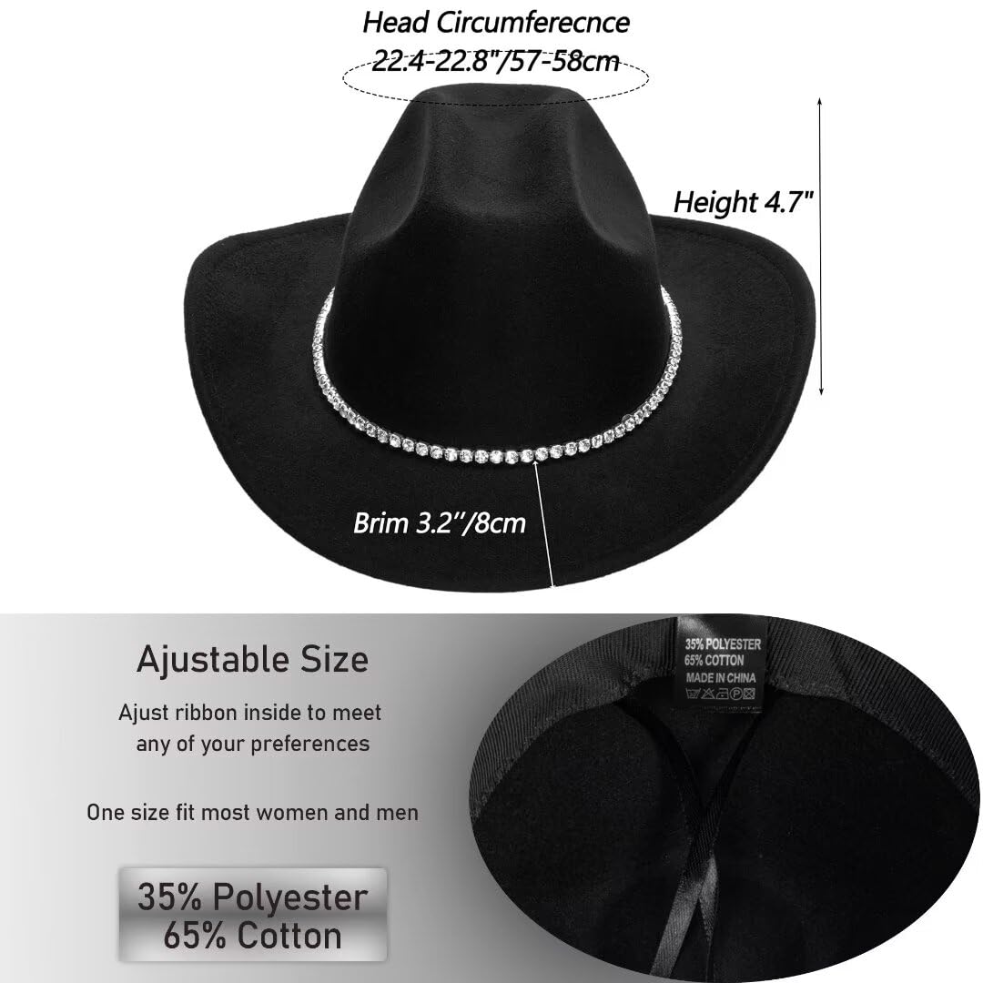 Women Sparkly-Rhinestone Western-Cowgirl-Hat Glitter-Bling Cowboy-Hat Felt-Rodeo-Hat for Disco-Party Medium/Large