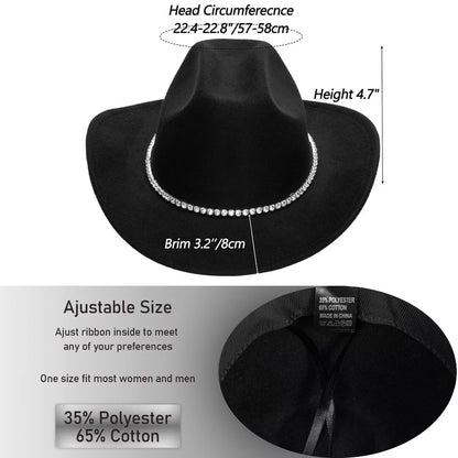 Women Sparkly-Rhinestone Western-Cowgirl-Hat Glitter-Bling Cowboy-Hat Felt-Rodeo-Hat for Disco-Party Medium/Large