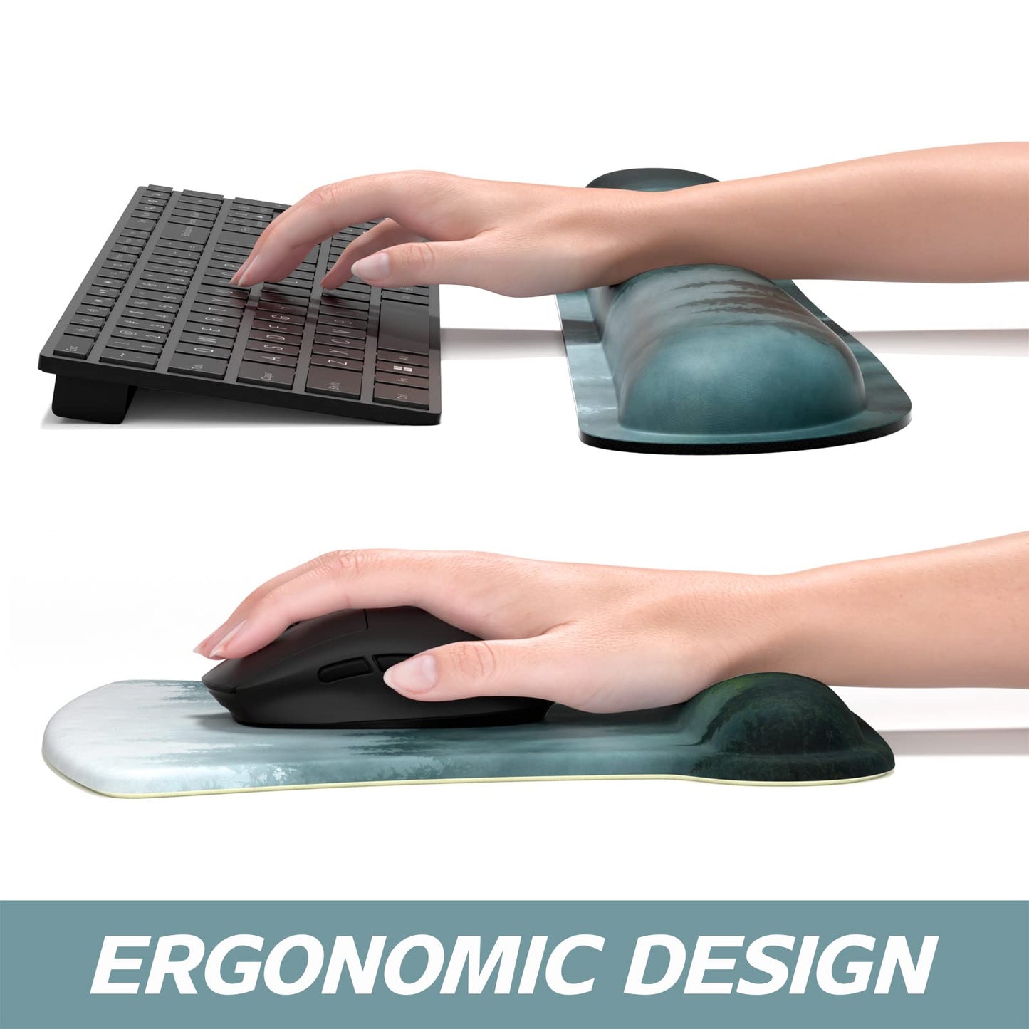 ITNRSIIET Mouse Pad Wrist Support Keyboard Wrist Rest Pad Ergonomic Mousepad Non-Slip Memory Foam Keyboard Pad Easy Typing Pain Relief Perfect for PC Laptop Gaming Office, Fog Forest