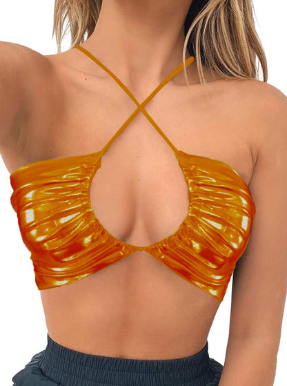 Women's Metallic Orange Crop Top Sexy Halloween Rave Festival Clothing Crop Halter Tie Bra Bustier Orange Top XS