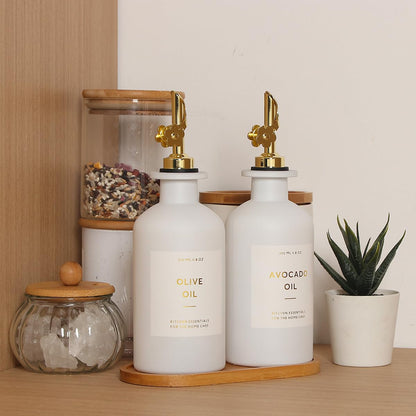 HOMCDALY Olive Oil Dispenser for Kitchen, 11.8oz Glass kitchen Dispenser Bottle, Gold Oil&Vinegar Cruet Set, Leakproof Oil Containers for Cooking| Set of 2 (11.8oz – Gold)