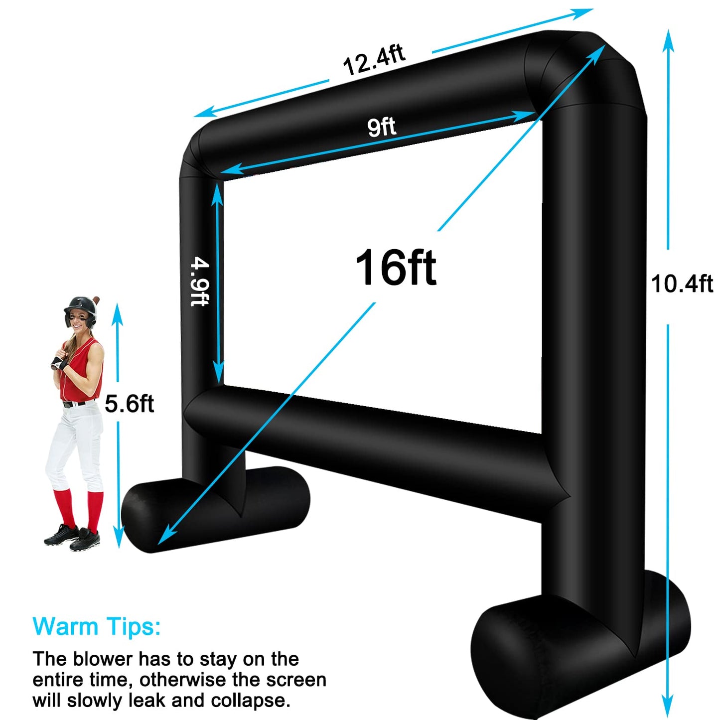 AZXRHWYGS 16 Feet Inflatable Movie Screen Outdoor, Inflatable Projector Screen with Blower Carry Bag - Supports Front and Rear Projection Blow Up Screen for Backyard Movie Night Pool Party