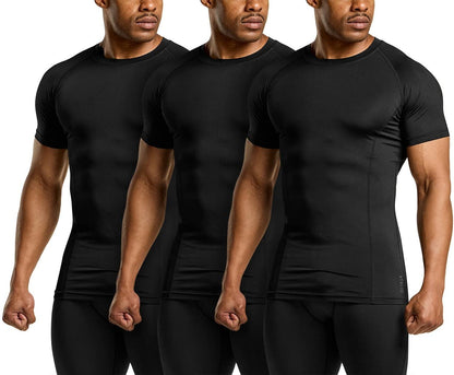 ATHLIO Men's Cool Dry Short Sleeve Compression Shirts, Sports Baselayer T-Shirts Tops, Athletic Workout Shirt, 3pack Tops Black/Black/Black, Medium