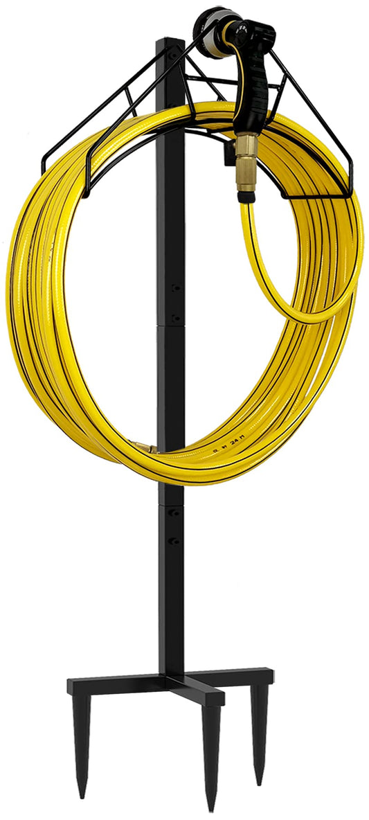 Artigarden Freestanding Garden Hose Holder Hanger, Heavy Duty Metal Water Hose Reel Storage Stand Rack for Yard Lawn, Bright Black (Hose not Included)