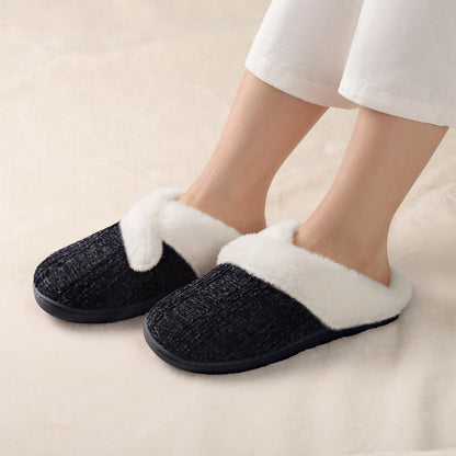 Black Slippers for Women Fuzzy House Slip on Indoor Outdoor Bedroom Furry Fleece Lined Ladies Comfy Memory Foam Female Home Shoes Anti-Skid Rubber Hard Sole Black Size 11-12