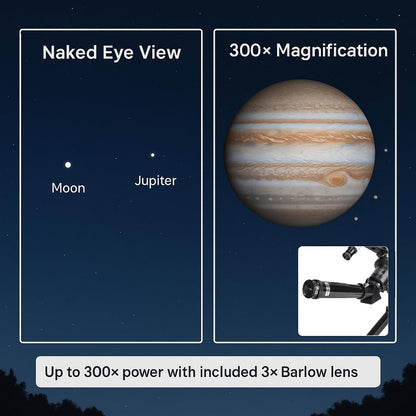 Barska Starwatcher Astronomical Refractor Telescope 300x Magnification for Beginners & Kids with Barlow Lens, 2 Interchangeable Eyepieces, Finder Scope, Table Top Tripod
