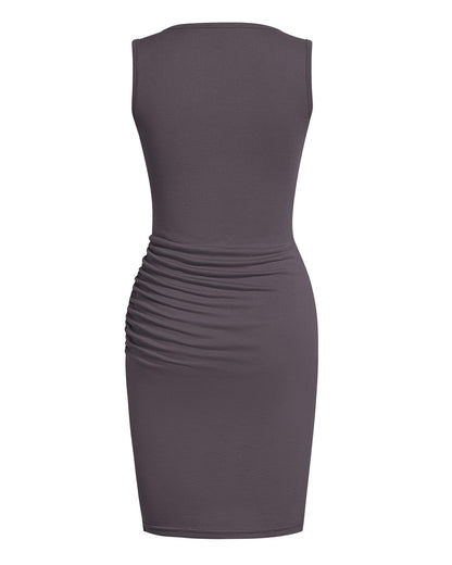 BTFBM Women Summer Dresses 2025 Sleeveless Tank Crew Neck Casual Ruched Bodycon Party Club Beach Short Mini Dress(Dark Grey, Small)
