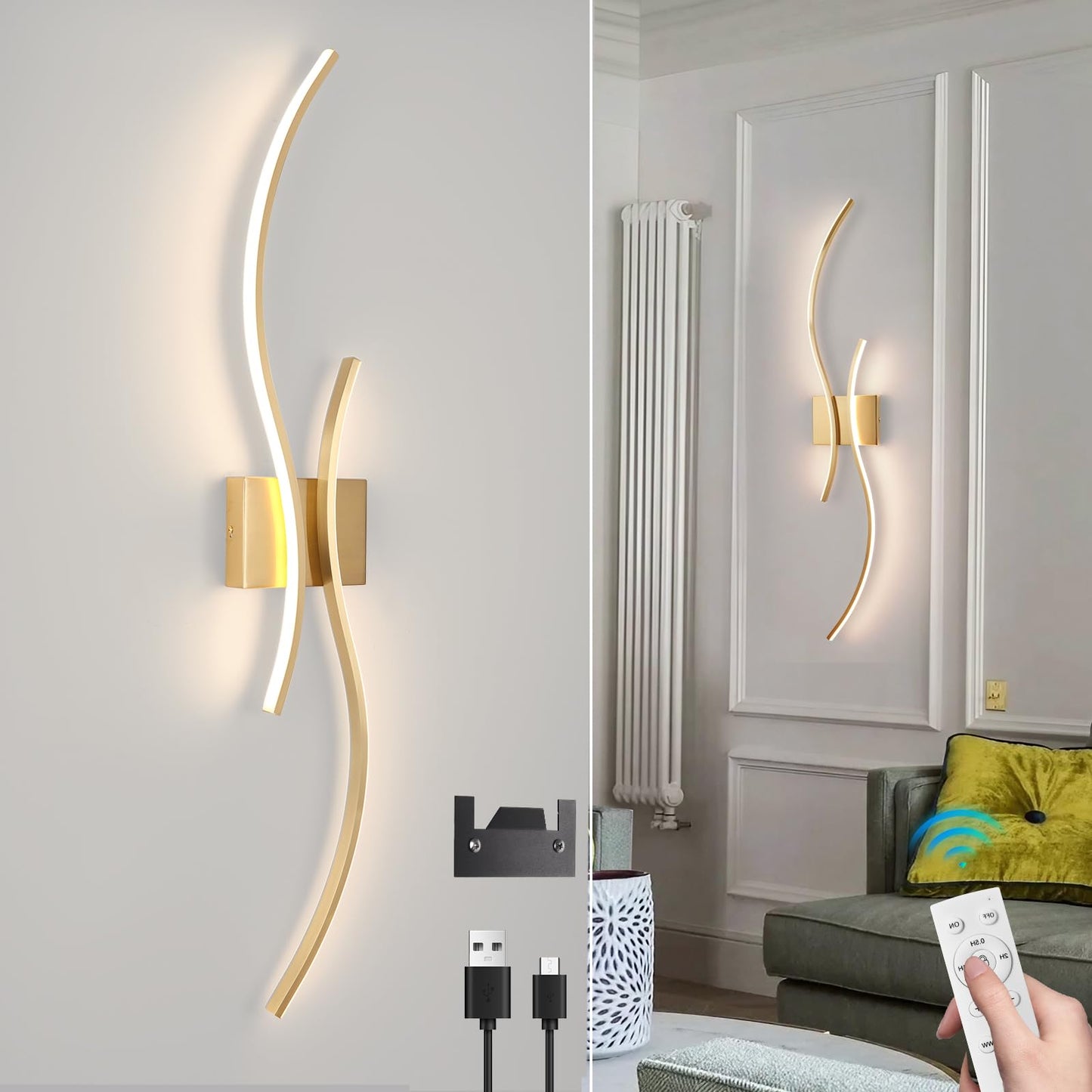 CANEOE Battery Operated Wall Sconces with Remote Control,10000mAh USB Rechargeable Gold Wall Light,3000K-6000K LED Wireless Wall Lamp for Bedroom,Hallway,Background Wall,31.5inch,1 Pack