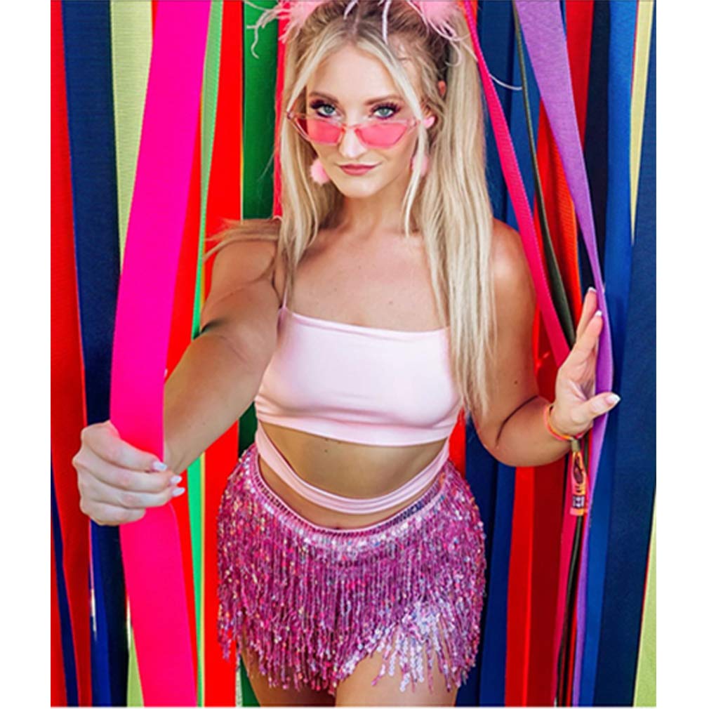 Women's Sequin Tassel Skirts Sparkly Rave Fringe Hip Scarf for Festival Costume(Pink)