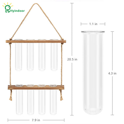 HYINDOOR Wall Hanging Planter Terrarium 2 Tired Test Tube Vase Glass Planter Plant Propagation Station Plant Hangers of Rope with Wooden Stand and 8 Tubes for Hydroponic Plant Cutting