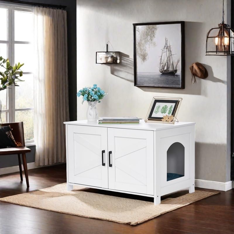 Homhedy Cat Litter Box Enclosure, Wooden Cat Washroom Furniture with Barn Door, Pet House, Fit Most of Litter Box, White