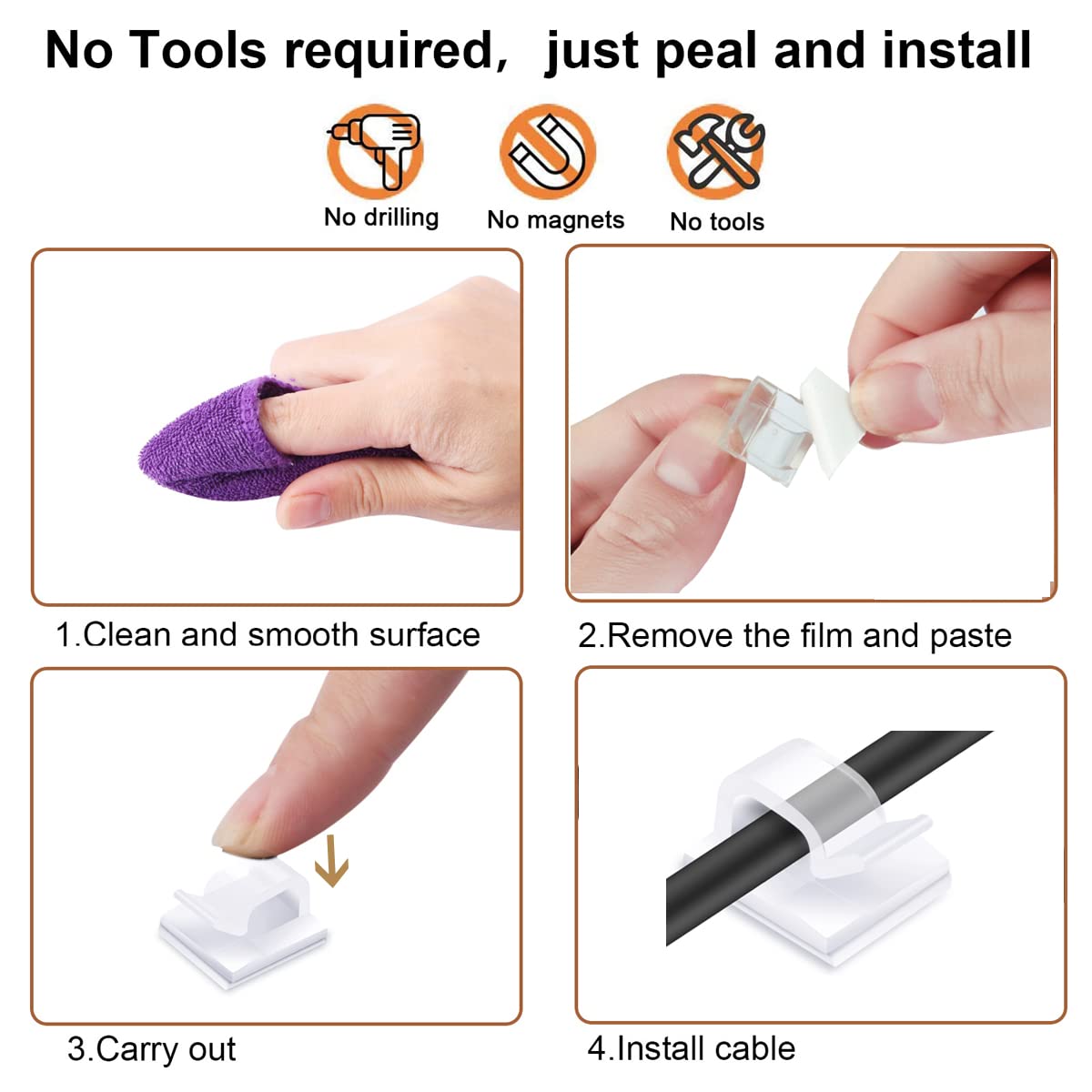 60PCS Cable Clips, KGROTE Outdoor Wire Clips Adhesive Cable Hooks Cord Organizer Holder Christmas Light Clips for Desk, Wall Cable Management, String Lights, Fairy Lights, Decorations Hanging - Clear