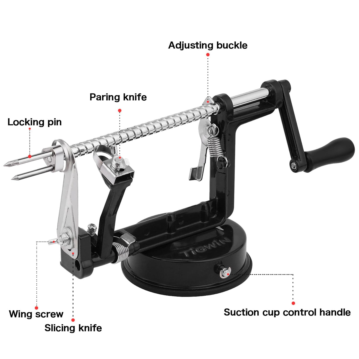 Apple Peeler Corer, Long lasting Chrome Cast Magnesium Alloy Apple Peeler Slicer Corer with Stainless Steel Blades and Powerful Suction Base for Apples and Potato(Black)