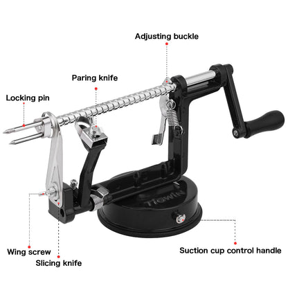 Apple Peeler Corer, Long lasting Chrome Cast Magnesium Alloy Apple Peeler Slicer Corer with Stainless Steel Blades and Powerful Suction Base for Apples and Potato(Black)