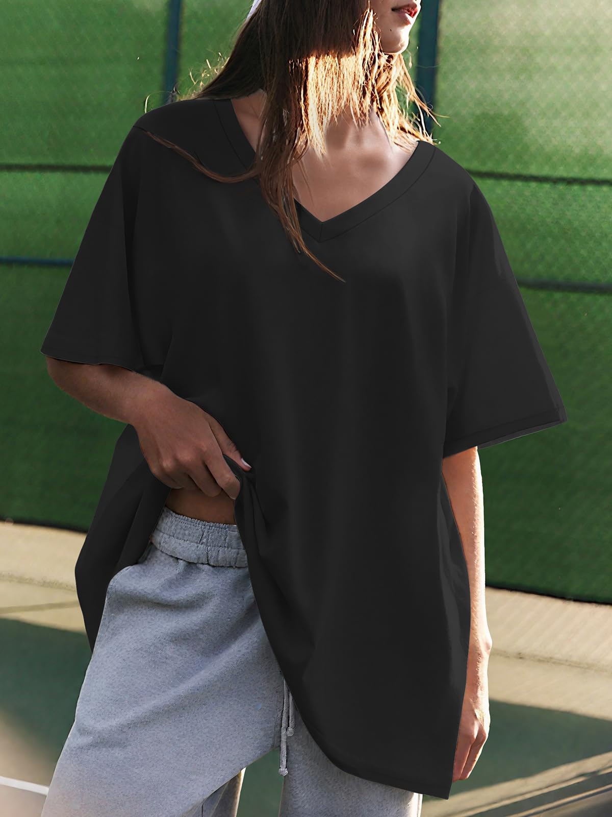 ATHMILE Womens Summer Oversized Shirts V Neck Plus Size Spring Workout Tops Beach Vacation 2025 Gym Clothes Black