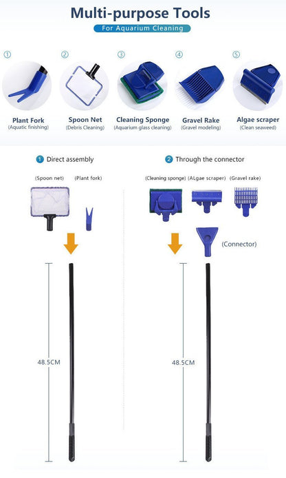 AquaticHI 5 in 1 Aquarium/Fish Tank Cleaning Kit/Tool, Algae Scraper, Fish Net, Sponge, Plant Fork, Gravel Rake, Length 19 inches (Non-Extendable)
