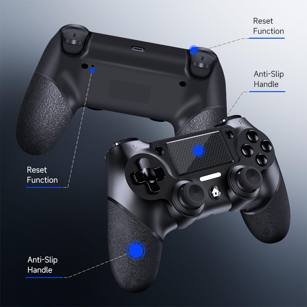 AceGamer 2 Pack for PS4 Controller, Wireless Controllers for PS4/Pro/Slim/PC, with Non-Slip Grip of Both Sides and 2 USB-C Cable! (Midnight Black * 2)