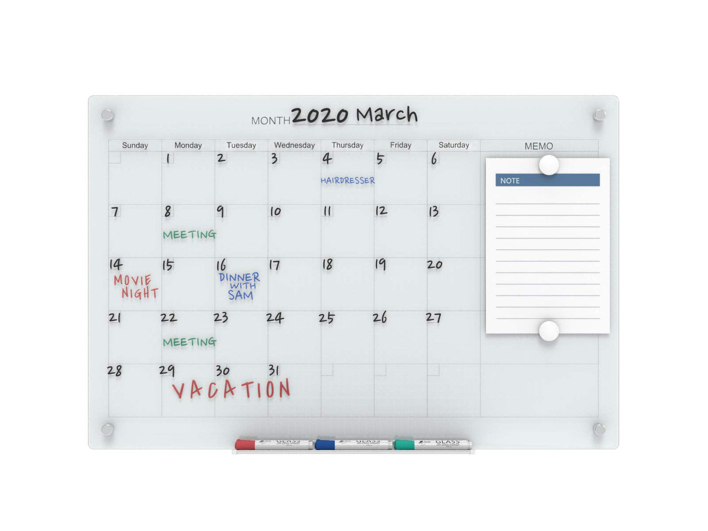 Audio-Visual Direct Magnetic Glass Dry Erase Board Set (3' x 2', Calendar White) for Wall - Monthly Planner