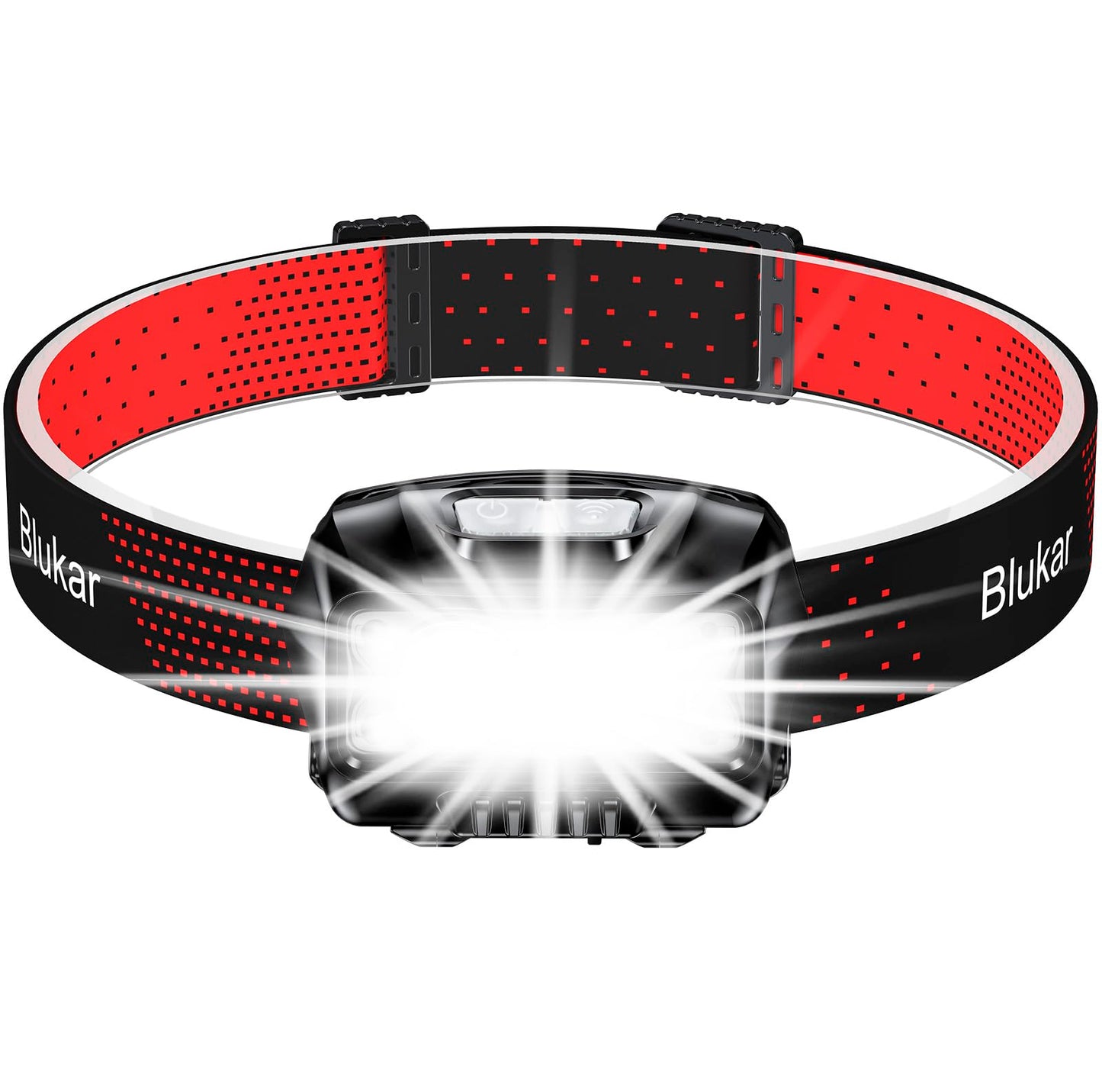 Blukar Headlamp Head Torch Rechargeable, Super Bright Lightweight Waterproof LED Headlight with Red Warning Lights, 8 Light Modes, Motion Sensor Control, 30 Hrs Runtime for Running, Hiking etc.