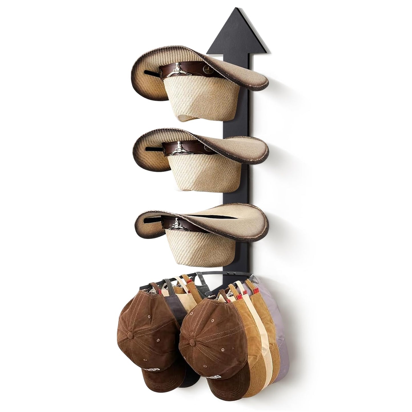 HYDERMUS Hat Organizer for 10 Baseball Caps and 3 Cowboy Hat Cowboy Hat Rack for Wall with Solid Wood Arrow Hat Storage Cowgirl Hat Hanger Closet Storage and Organizer Black