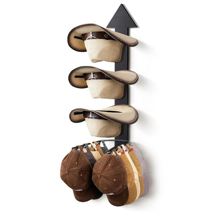 HYDERMUS Hat Organizer for 10 Baseball Caps and 3 Cowboy Hat Cowboy Hat Rack for Wall with Solid Wood Arrow Hat Storage Cowgirl Hat Hanger Closet Storage and Organizer Black