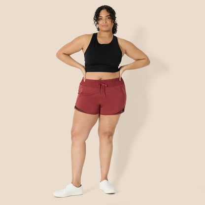 Amazon Essentials Women's Regular-Fit Athletic Ruched Waistband Woven Running Short, Ruby Red, Medium