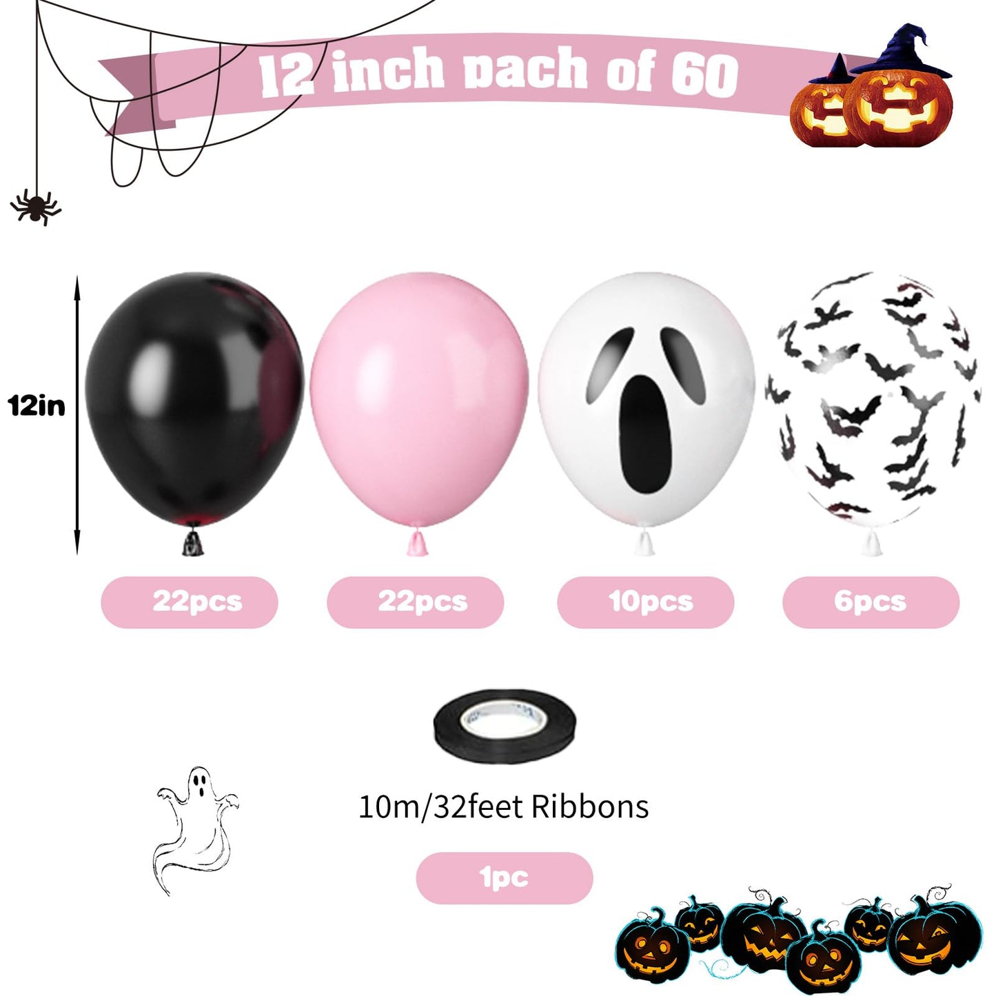 Biapian 60 Pcs Pink Halloween Balloons, 12 Inch Halloween Ghost Balloons Printed Pink and Black Latex Balloons Bat Confetti Balloons for Birthday BOO Happy Halloween Party Decorations Indoor Outdoor