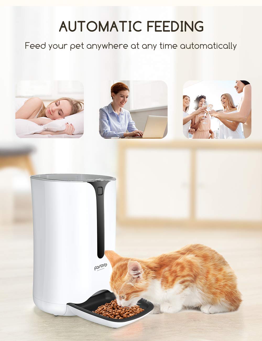 Automatic Cat Feeder, Faroro Dog Food Dispenser for Small Pets with Distribution Alarms, Portion Control, Voice Recorder and Programmable Timer for up to 4 Meals per Day