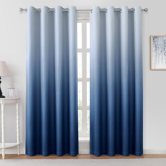 HOMEIDEAS Navy Blue Ombre Blackout Curtains 52 X 84 Inch Length Gradient Room Darkening Thermal Insulated Energy Saving Grommet 2 Panels Window Drapes for Living Room, Bedroom