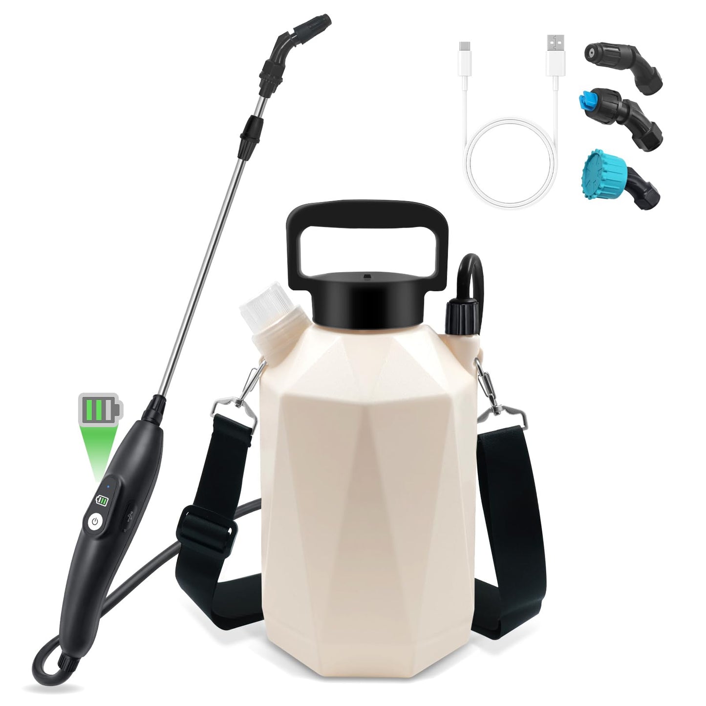 Battery Powered Garden Sprayer, 1 Gallon Electric Sprayer in Lawn with USB Rechargeable Handle, Retractable Wand, 3 Mist Nozzles, Yard Water Pump Sprayers with Adjustable Shoulder Strap for Gardening
