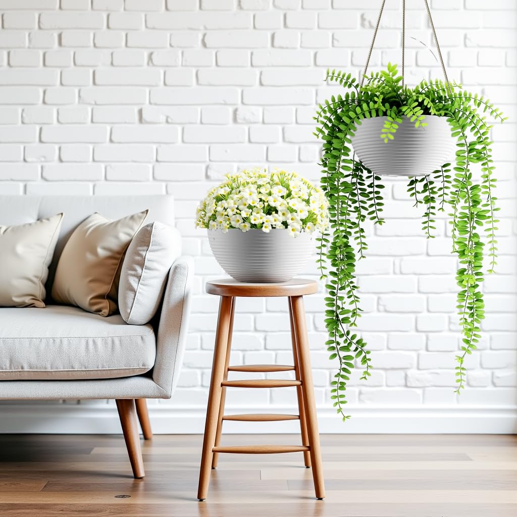 Asnext Line Pattern 10 Inch Hanging Planter for Indoor Outdoor Plants, 2 Pack Round Hanging Pots for Plants (White)