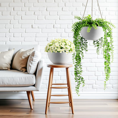 Asnext Line Pattern 10 Inch Hanging Planter for Indoor Outdoor Plants, 2 Pack Round Hanging Pots for Plants (White)
