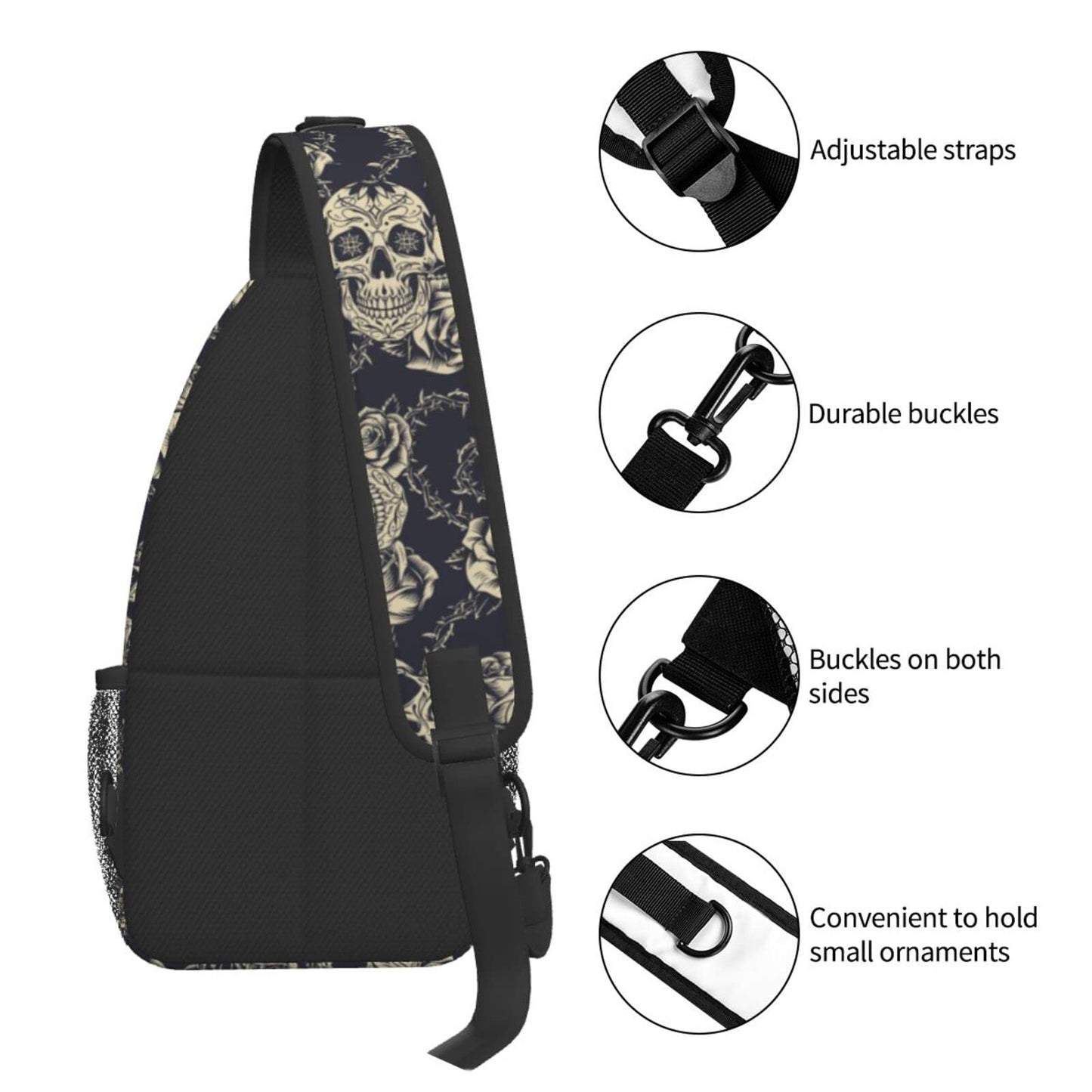 bassyil Skull Rose Sling Bag Crossbody Travel Hiking Chest Backpack Shoulder Daypack for Women Men