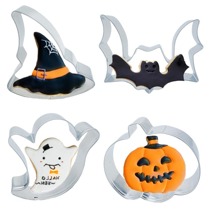 4PCS Large Halloween Cookie Cutters, Stainless Steel Metal Molds Pumpkin, Bat, Ghost, Wich's Hat Cookie Cutters with Decorating Instructions