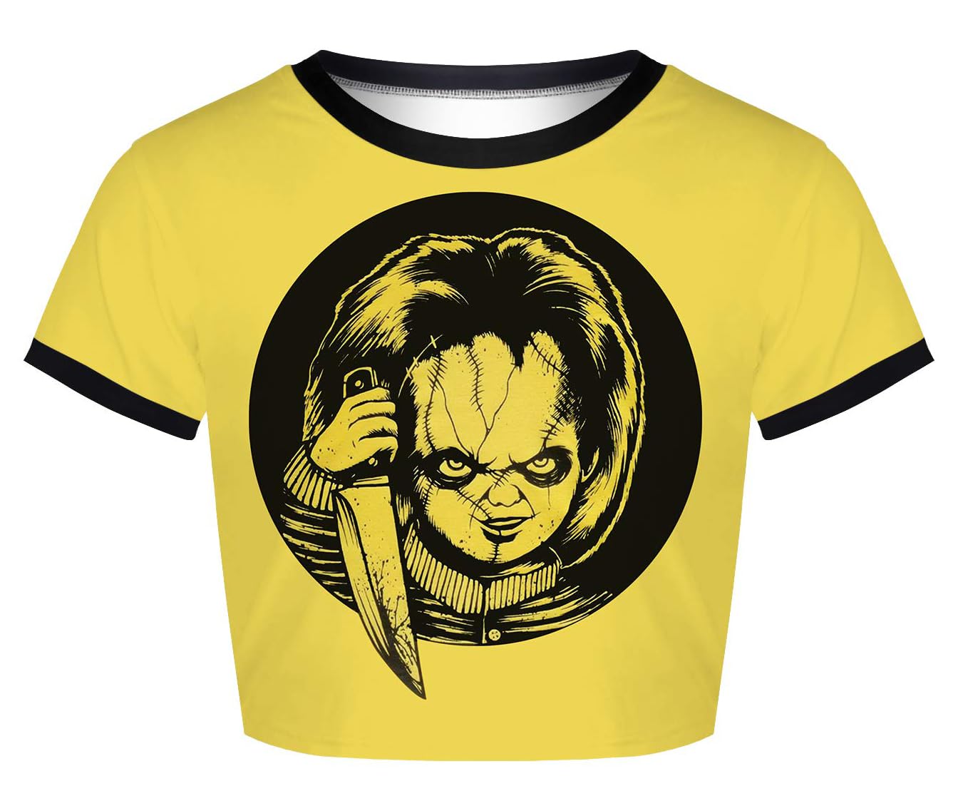 Womens Crop Tops Summer Casual Short Sleeve Goth Halloween Graphic Cropped T Shirts (Yellow Chunky Doll 008,S)