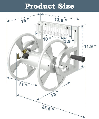 Artigarden Outdoor Garden Hose Reel Wall Mount, Heavy-Duty Water Hose Holder Winder with 3.9 ft Leader Hose, Brass Fitting and Storage Basket for Yard, Holds 125 Feet of 5/8-Inch Hose, White