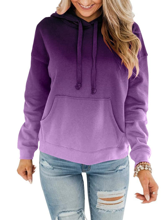 Women's Casual Hoodies Round Neck Long Sleeve Sweatshirts With Pocket Lightweight Pullover Tops-Gradient-XL